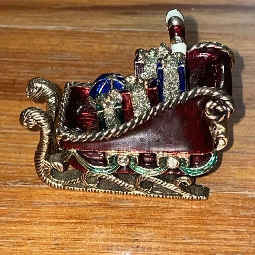 Monet Enamel Christmas Trinket Box Santa's Sleigh Metal 2009 Holiday Collectible